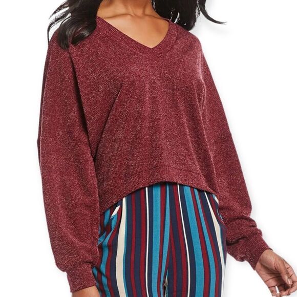 Dark Red V Neck Chenille Knit Sweater by Band of Gypsies NEW - Picture 1 of 4